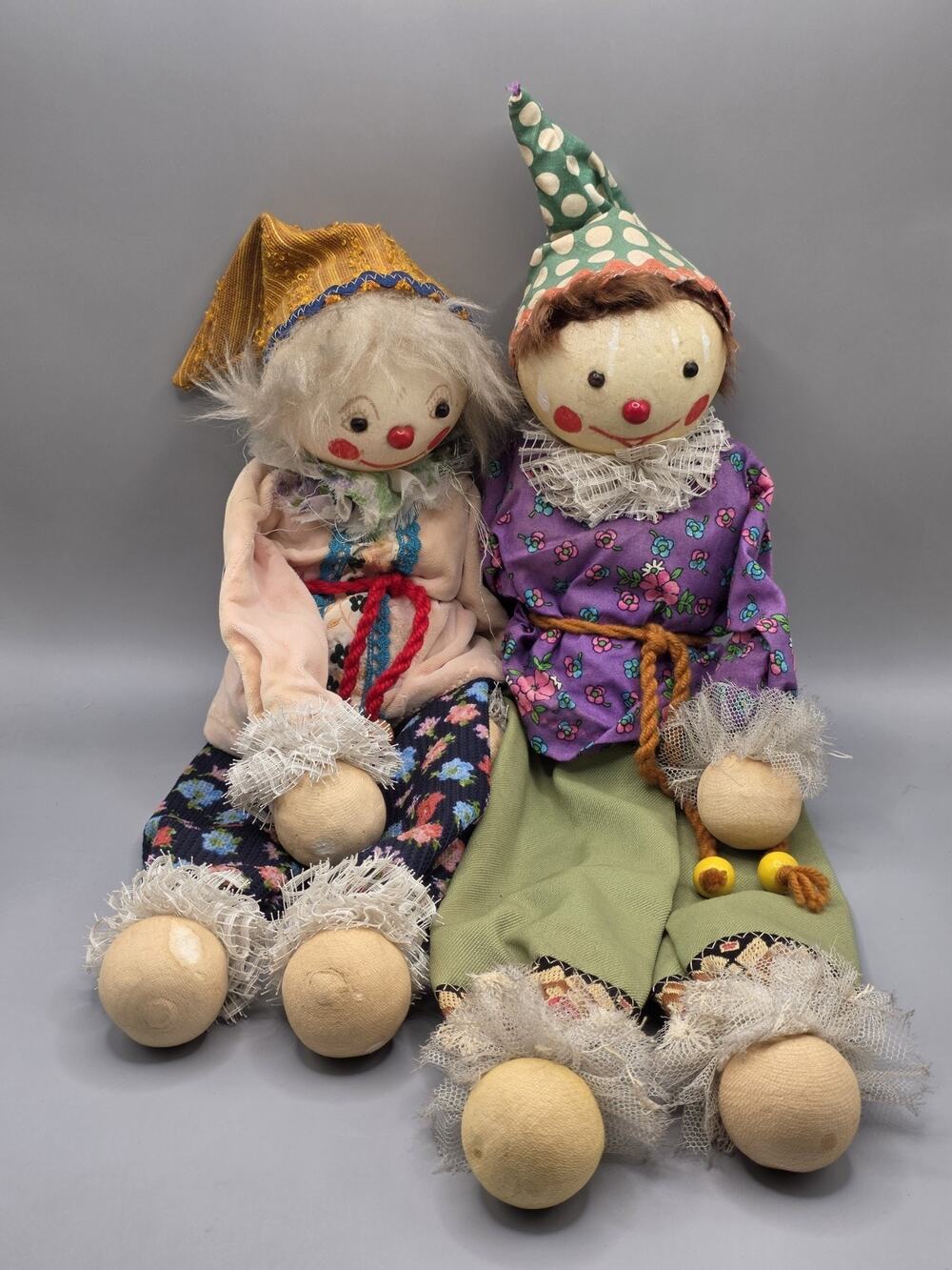 Lot of 2 Vintage Handmade Cloth Clown Pixie Dolls Shelf Sitter Folk Art Rag...